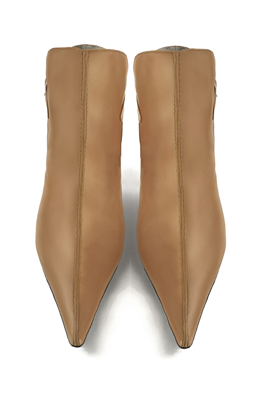 Camel beige women's ankle boots with buckles at the back. Pointed toe. High spool heels. Top view - Florence KOOIJMAN